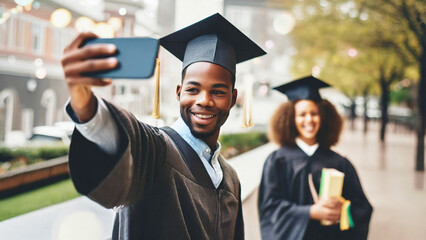 smiling african american graduate taking selfie with friends on smartphone