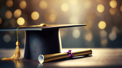 Graduation cap and diploma on the table with bokeh background - obrazy, fototapety, plakaty