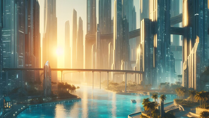 Ethereal Urban Symphony: Massive Skyscrapers Amidst Clear Blue Waters and Setting Sun in Futuristic Utopia.