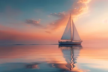 Schilderijen op glas A sailboat is sailing on a calm sea at sunset © hakule
