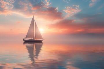 Fototapeta premium A sailboat is sailing on a calm sea at sunset