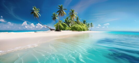 A beautiful beach with palm trees and a clear blue sky