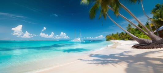 Fototapeta na wymiar A beautiful beach with palm trees and a clear blue sky