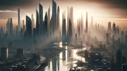 Ethereal Urban Symphony: Massive Skyscrapers Amidst Clear Blue Waters and Setting Sun in Futuristic Utopia. - obrazy, fototapety, plakaty