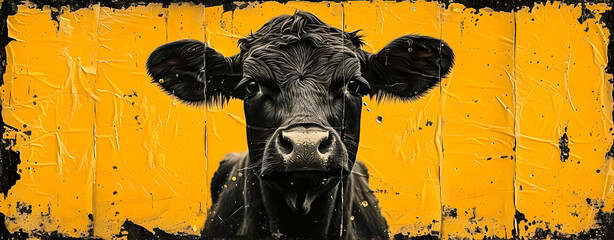 Mural on a wall. Head of a cow on yellow background..