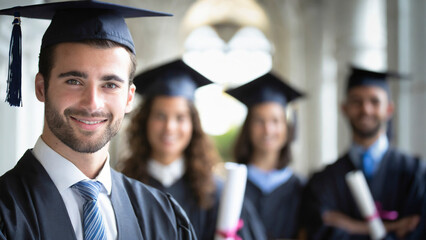 Portrait of happy male graduate smiling at camera with his friends in background