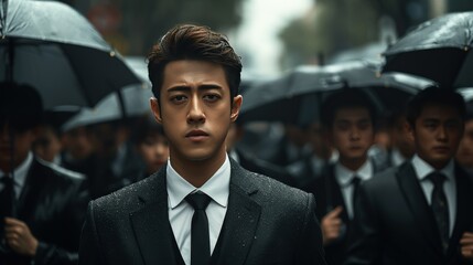 A man in a suit stands in front of a crowd of people holding umbrellas - obrazy, fototapety, plakaty