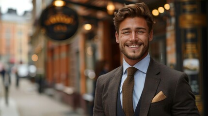A young man in a suit and tie smiles for the camera - obrazy, fototapety, plakaty