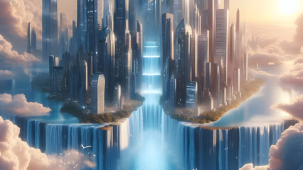 Ethereal Urban Symphony: Massive Skyscrapers Amidst Clear Blue Waters and Setting Sun in Futuristic Utopia. - obrazy, fototapety, plakaty
