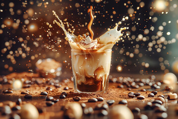 Artistic Iced Coffee Explosion: Creamy milk swirling in iced coffee with dynamic splash, coffee...