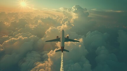 Plane Flying Through Cloudy Sky With Smoke Trail - obrazy, fototapety, plakaty