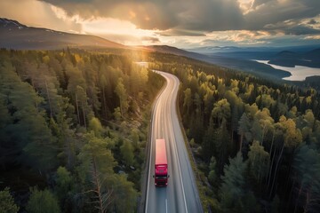 Sunset over a forest-lined highway with a truck driving, showcasing serene transportation amidst nature. - obrazy, fototapety, plakaty