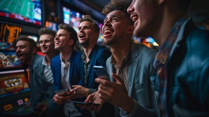 A group of men are laughing and one of them is holding a cell phone