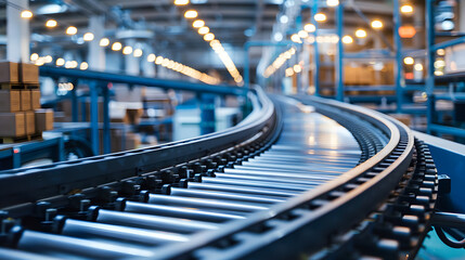 Naklejka premium Cardboard boxes on a conveyor belt inside a modern logistics warehouse, supply chain background