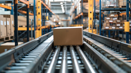 Cardboard boxes on a conveyor belt inside a modern logistics warehouse, supply chain background