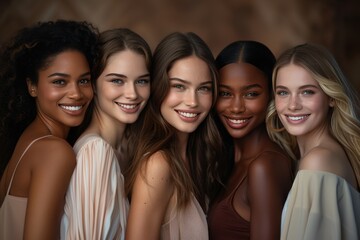 Obraz premium A group of women are smiling for a photo, with one of them wearing a pink dress