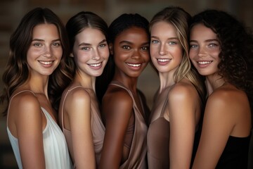 Obraz premium A group of women are smiling for a photo, with one of them wearing a pink dress