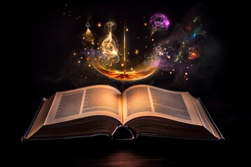 Ancient, leather-bound spell book adorned with mystical symbols and illuminated pages. Glowing magical energy swirls around the artifacts and amulets - obrazy, fototapety, plakaty