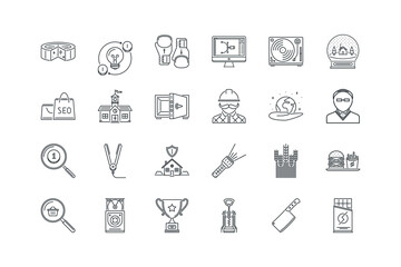 Backpack,Boxing,Bulb,Cheese,Chocolate,Cleaver,Corkscrew,Cup,Drive,Fast,Field,Flashlight,Garden,Hair,Hairstyle,Hand,Human,Safe,School,Search,Search,Seo,Snow,Turntable,set icons, vector illustration