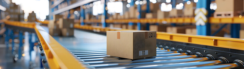 Cardboard boxes on a conveyor belt inside a modern logistics warehouse, supply chain background - obrazy, fototapety, plakaty