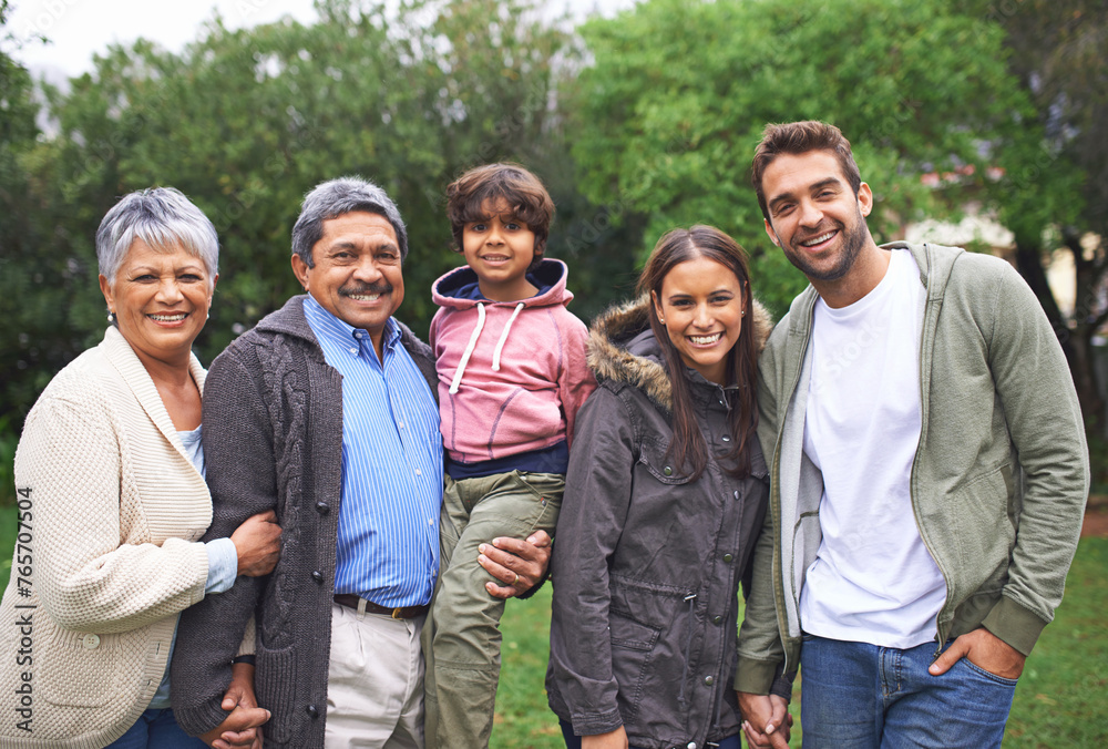 Sticker Portrait, smile and big family in nature outdoor for bonding, relationship and holding hands at backyard. Face, park and child with parents, grandparents and mom with interracial father in garden