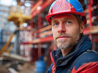 Fototapeta premium A man wearing a hard hat and safety glasses is standing in front of a building