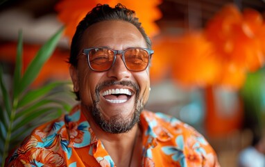 A man wearing an orange shirt and sunglasses is smiling