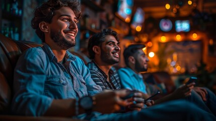 Fototapeta na wymiar Three men are sitting on a couch, smiling and holding video game controllers