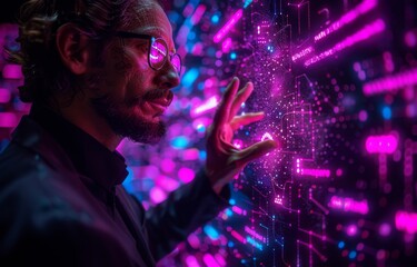 A man in glasses is looking at a computer screen with a purple background