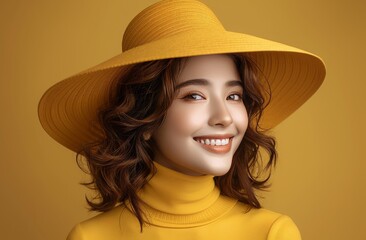 A woman wearing a yellow hat and a yellow shirt is smiling