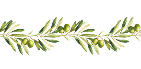 Seamless border with green olive, branch and leaves. Hand painted floral illustration