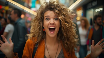 Fototapeta premium A woman with long hair is in a mall with other people
