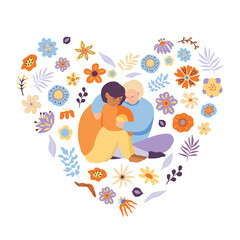 Hand painted couple of young people are carefully hugging in a support pose. Concept of mental health, care and help. Colored flat vector illustration isolated on simple background.