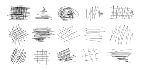 Set of doodle elements drawn with marker. Sketch of childish drawing. Мarker scrawls isolated on white background. Hand drawn curl and swirl elements. Collection of scribble elements. Vector