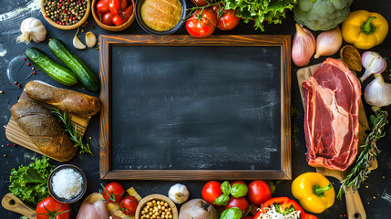 Busy street food market with an empty chalk board for text, chalk board customy style, background