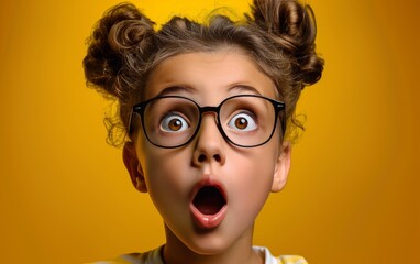 A young girl with glasses and her mouth wide open - obrazy, fototapety, plakaty