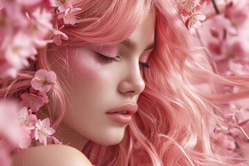 Naklejka premium Close-Up of Woman with Pink Hair and Cherry Blossoms 
