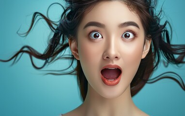 A woman with long hair and a surprised expression on her face - obrazy, fototapety, plakaty