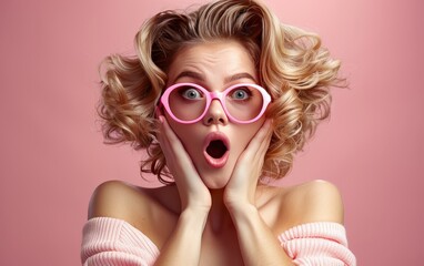 A woman with pink glasses and a blue eye is making a surprised face - obrazy, fototapety, plakaty