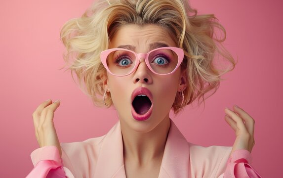 A woman with pink glasses and a blue eye is making a surprised face