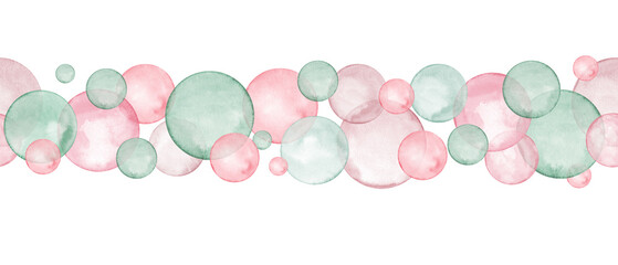 Seamless border of pink, green polka dots. Circles in soft pastel colors. Creative minimalist style. Splashes, round doodle spots. Large and small bubbles. Watercolor illustration isolated on white.