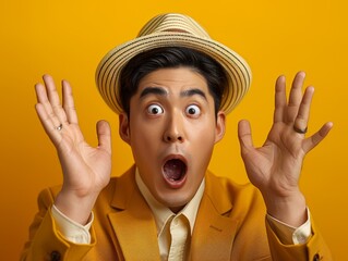 A man in a yellow suit and hat is making a surprised face - obrazy, fototapety, plakaty