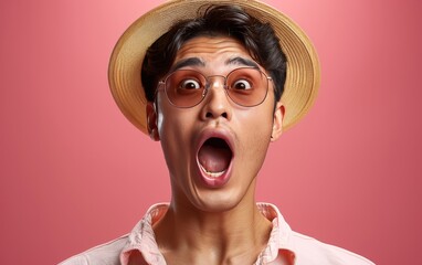 A man wearing a yellow shirt and a pink hat with his mouth wide open - obrazy, fototapety, plakaty