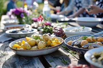 Fresh outdoor summer dining with a variety of dishes in warm sunlight. Outdoor midsummer feast, Sweden