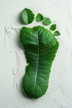 An artistic impression of an ecological footprint made of green leaves on a white textured background.