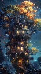 Enchanting Woodland Cottage Under a Starry Night Sky