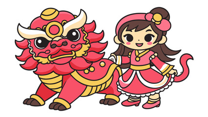 hand-drawn-Chinese-lion-dance-with-Chinese-girl vector illustration