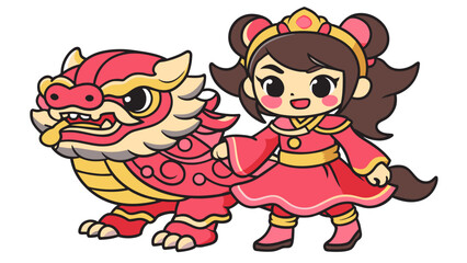 hand-drawn-Chinese-lion-dance-with-Chinese-girl vector illustration