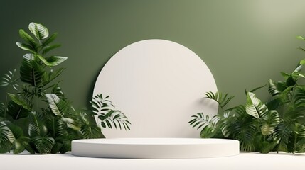 White podium with green leaves decoration for product display and presentation background. Product shelf standing mockup.