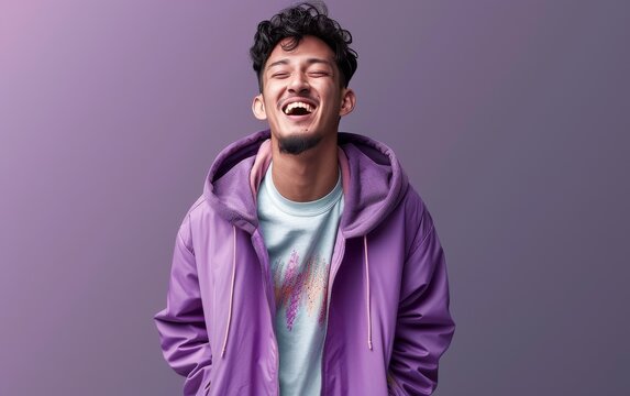 A man is smiling and wearing a purple hoodie